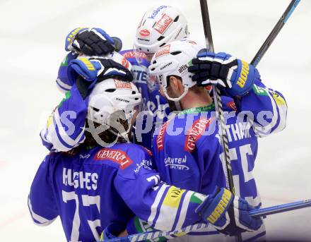 EBEL. Eishockey Bundesliga. EC VSV gegen UPC Vienna Capitals. Torjubel John Hughes, Derek Ryan, Scott Hotham (VSV). Villach, am 14.3.2014.
Foto: Kuess 


---
pressefotos, pressefotografie, kuess, qs, qspictures, sport, bild, bilder, bilddatenbank