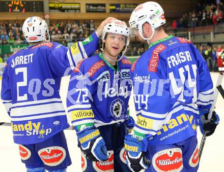 EBEL. Eishockey Bundesliga. EC VSV gegen UPC Vienna Capitals. Jubel Cole Jarrett, John Hughes, Curtis Fraser (VSV). Villach, am 14.3.2014.
Foto: Kuess 


---
pressefotos, pressefotografie, kuess, qs, qspictures, sport, bild, bilder, bilddatenbank