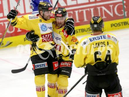 EBEL. Eishockey Bundesliga. EC VSV gegen UPC Vienna Capitals. Torjubel Justin Keller, Benoit Gratton, Andre lakos (Vienna). Villach, am 14.3.2014.
Foto: Kuess 


---
pressefotos, pressefotografie, kuess, qs, qspictures, sport, bild, bilder, bilddatenbank