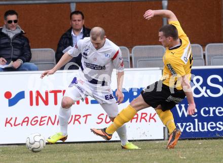 Fussball Regionalliga. SAK gegen Voecklamarkt. Christian Dlopst, (SAK), Pascal Stoeger  (Voecklamarkt). Welzenegg, amm 15.3.2014.
Foto: Kuess
---
pressefotos, pressefotografie, kuess, qs, qspictures, sport, bild, bilder, bilddatenbank