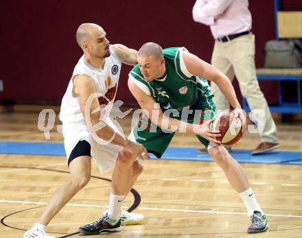 Basketball 2. Bundesliga. Woerthersee Piraten gegen BK Mattersburg Rocks. Joachim Buggelsheim (Piraten), Hallett Corey (Mattersburg). Klagenfurt, am 22.3.2014.
Foto: Kuess 
---
pressefotos, pressefotografie, kuess, qs, qspictures, sport, bild, bilder, bilddatenbank