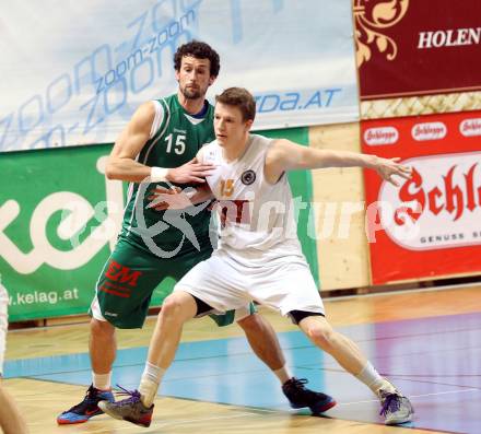 Basketball 2. Bundesliga. Woerthersee Piraten gegen BK Mattersburg Rocks.  Paul Koroschitz (Piraten), Paul Eder  (Mattersburg). Klagenfurt, am 22.3.2014.
Foto: Kuess 
---
pressefotos, pressefotografie, kuess, qs, qspictures, sport, bild, bilder, bilddatenbank