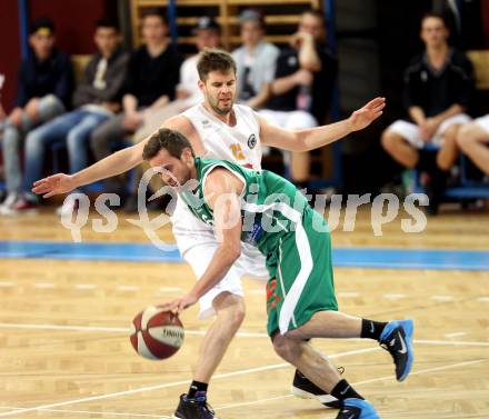 Basketball 2. Bundesliga. Woerthersee Piraten gegen BK Mattersburg Rocks.  Christian Erschen (Piraten), Jandl David (Mattersburg). Klagenfurt, am 22.3.2014.
Foto: Kuess 
---
pressefotos, pressefotografie, kuess, qs, qspictures, sport, bild, bilder, bilddatenbank