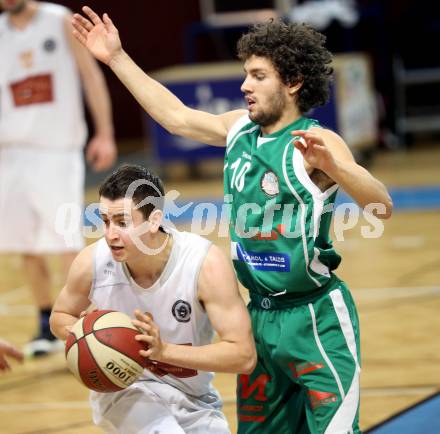 Basketball 2. Bundesliga. Woerthersee Piraten gegen BK Mattersburg Rocks.  Martin Breithuber (Piraten), Nicoli Jan (Mattersburg). Klagenfurt, am 22.3.2014.
Foto: Kuess 
---
pressefotos, pressefotografie, kuess, qs, qspictures, sport, bild, bilder, bilddatenbank