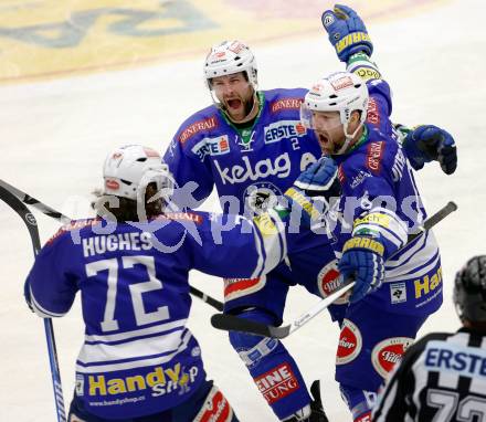 EBEL. Eishockey Bundesliga. EC VSV gegen HCB Suedtirol. Torjubel Gerhard Unterluggauer, Cole Jarrett, John Hughes (VSV). Villach, am 25.3.2014.
Foto: Kuess 


---
pressefotos, pressefotografie, kuess, qs, qspictures, sport, bild, bilder, bilddatenbank