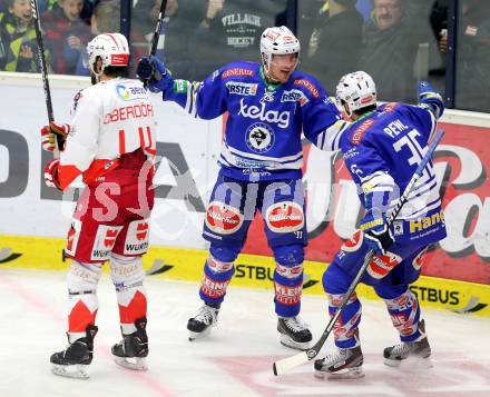 EBEL. Eishockey Bundesliga. EC VSV gegen HCB Suedtirol. Torjubel Daniel Nageler, Marco Pewal (VSV). Villach, am 25.3.2014.
Foto: Kuess 


---
pressefotos, pressefotografie, kuess, qs, qspictures, sport, bild, bilder, bilddatenbank