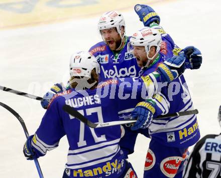 EBEL. Eishockey Bundesliga. EC VSV gegen HCB Suedtirol. Torjubel Gerhard Unterluggauer, Cole Jarrett, John Hughes (VSV). Villach, am 25.3.2014.
Foto: Kuess 


---
pressefotos, pressefotografie, kuess, qs, qspictures, sport, bild, bilder, bilddatenbank