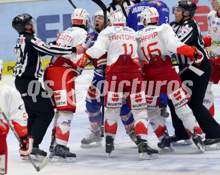 EBEL. Eishockey Bundesliga. EC VSV gegen HCB Suedtirol. Markus Peintner,  (VSV),  Davide Nicoletti, Mark Santorelli, MacGregor Sharp (Bozen). Villach, am 25.3.2014.
Foto: Kuess 


---
pressefotos, pressefotografie, kuess, qs, qspictures, sport, bild, bilder, bilddatenbank