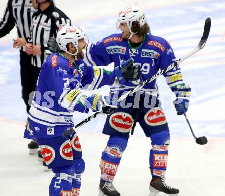 EBEL. Eishockey Bundesliga. EC VSV gegen HCB Suedtirol. Torjubel Cole Jarrett, (VSV), John Hughes  (Bozen). Villach, am 25.3.2014.
Foto: Kuess 


---
pressefotos, pressefotografie, kuess, qs, qspictures, sport, bild, bilder, bilddatenbank