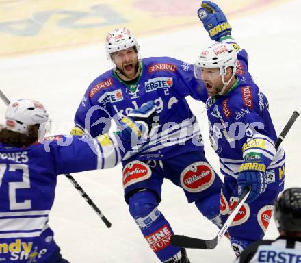 EBEL. Eishockey Bundesliga. EC VSV gegen HCB Suedtirol. Torjubel Gerhard Unterluggauer, Cole Jarrett (VSV). Villach, am 25.3.2014.
Foto: Kuess 


---
pressefotos, pressefotografie, kuess, qs, qspictures, sport, bild, bilder, bilddatenbank