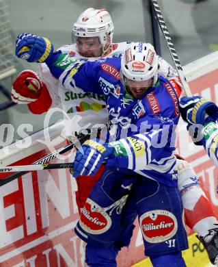 EBEL. Eishockey Bundesliga. EC VSV gegen HCB Suedtirol. Benjamin Petrik, (VSV), Joseph Charlebois  (Bozen). Villach, am 25.3.2014.
Foto: Kuess 


---
pressefotos, pressefotografie, kuess, qs, qspictures, sport, bild, bilder, bilddatenbank