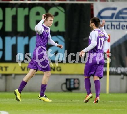 Fussball Regionalliga. SK Austria Klagenfurt gegen VSV. Torjubel Patrik Eler, Abian Jose Serrano Davila (Austria Klagenfurt). Klagenfurt, 28.3.2014.
Foto: Kuess
---
pressefotos, pressefotografie, kuess, qs, qspictures, sport, bild, bilder, bilddatenbank