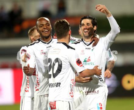 Fussball. tipp3-Bundesliga powered by T-Mobile. RZ Pellets WAC gegen SC Wiener Neustadt. Torjubel De Oliveira Silvio Carlos, Ynclan Pajares Jacobo Maria, Stefan Schwendinger(WAC). Wolfsberg, am 29.3.2014.
Foto: Kuess

---
pressefotos, pressefotografie, kuess, qs, qspictures, sport, bild, bilder, bilddatenbank