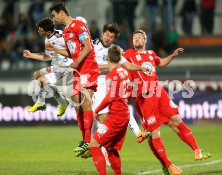 Fussball. tipp3-Bundesliga powered by T-Mobile. RZ Pellets WAC gegen SC Wiener Neustadt. Roland Putsche, Nemanja Rnic (WAC), Peter Hlinka, Stefan Stangl (Wiener Neustadt). Wolfsberg, am 29.3.2014.
Foto: Kuess

---
pressefotos, pressefotografie, kuess, qs, qspictures, sport, bild, bilder, bilddatenbank