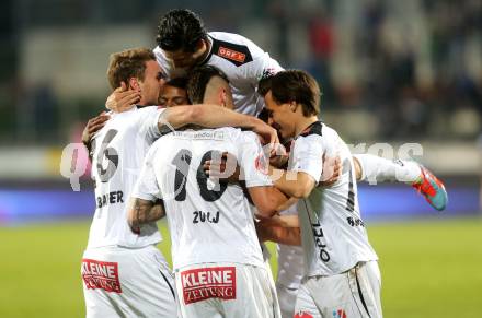 Fussball. tipp3-Bundesliga powered by T-Mobile. RZ Pellets WAC gegen SC Wiener Neustadt. Torjubel De Oliveira Silvio Carlos, Ynclan Pajares Jacobo Maria,  Manuel Kerhe, Peter Zulj, Michael Sollbauer (WAC). Wolfsberg, am 29.3.2014.
Foto: Kuess

---
pressefotos, pressefotografie, kuess, qs, qspictures, sport, bild, bilder, bilddatenbank