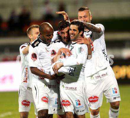 Fussball. tipp3-Bundesliga powered by T-Mobile. RZ Pellets WAC gegen SC Wiener Neustadt. Torjubel De Oliveira Silvio Carlos, Ynclan Pajares Jacobo Maria, Stefan Schwendinger, Manuel Kerhe, Peter Zulj (WAC). Wolfsberg, am 29.3.2014.
Foto: Kuess

---
pressefotos, pressefotografie, kuess, qs, qspictures, sport, bild, bilder, bilddatenbank