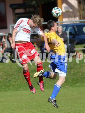  Fussball Unterliga Ost. Ludmannsdorf gegen St. Michael/Bleiburg. Dejan Smeh (Ludmannsdorf),  Michael Hubert Zidej (St. Michael). Ludmannsdorf, am 30.3.2014.
Foto: Kuess
---
pressefotos, pressefotografie, kuess, qs, qspictures, sport, bild, bilder, bilddatenbank