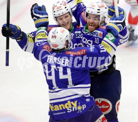 EBEL. Eishockey Bundesliga. EC VSV gegen HCB Suedtirol. Torjubel Mario Lamoureux, Brock McBride, Curtis Fraser (VSV). Villach, am 30.3.2014.
Foto: Kuess 


---
pressefotos, pressefotografie, kuess, qs, qspictures, sport, bild, bilder, bilddatenbank