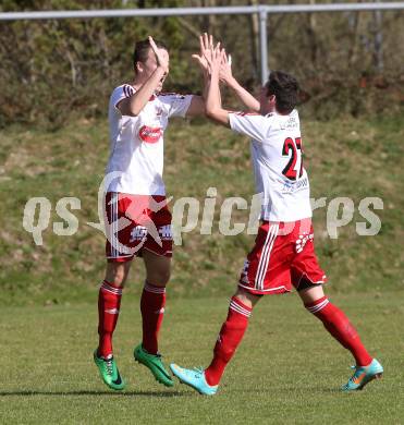 Fussball Unterliga Ost. Ludmannsdorf gegen St. Michael/Bleiburg. Torjubel Patrick Quantschnig, Fabio Csyz (Ludmannsdorf). Ludmannsdorf, am 30.3.2014.
Foto: Kuess
---
pressefotos, pressefotografie, kuess, qs, qspictures, sport, bild, bilder, bilddatenbank