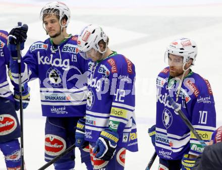 EBEL. Eishockey Bundesliga. EC VSV gegen HCB Suedtirol. Enttaeuscht  Stefan Bacher, Kevin Steiner, Brock McBride (VSV). Villach, am 30.3.2014.
Foto: Kuess 


---
pressefotos, pressefotografie, kuess, qs, qspictures, sport, bild, bilder, bilddatenbank