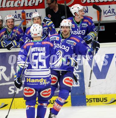 EBEL. Eishockey Bundesliga. EC VSV gegen HCB Suedtirol. Torjubel  Mario Altmann, Scott Hotham (VSV). Villach, am 30.3.2014.
Foto: Kuess 


---
pressefotos, pressefotografie, kuess, qs, qspictures, sport, bild, bilder, bilddatenbank