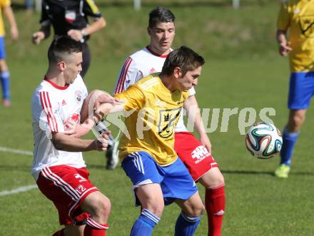 Fussball Unterliga Ost. Ludmannsdorf gegen St. Michael/Bleiburg. Gerfried Einspieler, Andreas Schawarz (Ludmannsdorf),  Christopher Hoesel (St. Michael). Ludmannsdorf, am 30.3.2014.
Foto: Kuess
---
pressefotos, pressefotografie, kuess, qs, qspictures, sport, bild, bilder, bilddatenbank