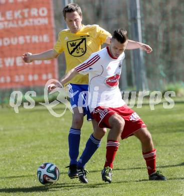 Fussball Unterliga Ost. Ludmannsdorf gegen St. Michael/Bleiburg. Jure Skafar  (Ludmannsdorf),  Daniel Rene Paulitsch (St. Michael). Ludmannsdorf, am 30.3.2014.
Foto: Kuess
---
pressefotos, pressefotografie, kuess, qs, qspictures, sport, bild, bilder, bilddatenbank