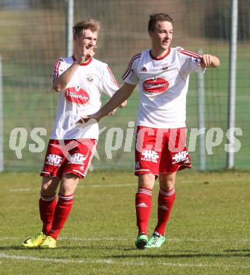 Fussball Unterliga Ost. Ludmannsdorf gegen St. Michael/Bleiburg. Torjubel Michael Krainer, Patrick Quantschnig (Ludmannsdorf). Ludmannsdorf, am 30.3.2014.
Foto: Kuess
---
pressefotos, pressefotografie, kuess, qs, qspictures, sport, bild, bilder, bilddatenbank