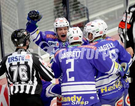 EBEL. Eishockey Bundesliga. EC VSV gegen HCB Suedtirol. Torjubel  Nico Brunner, Cole Jarrett, Daniel Nageler (VSV). Villach, am 30.3.2014.
Foto: Kuess 


---
pressefotos, pressefotografie, kuess, qs, qspictures, sport, bild, bilder, bilddatenbank