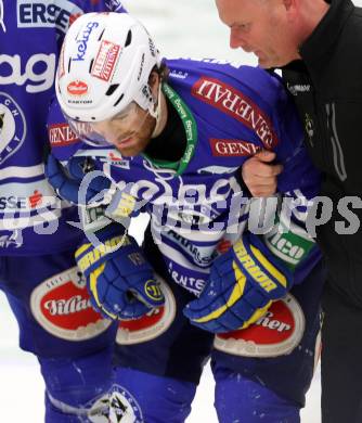 EBEL. Eishockey Bundesliga. EC VSV gegen HCB Suedtirol. Verletzt Brock McBride (VSV). Villach, am 30.3.2014.
Foto: Kuess 


---
pressefotos, pressefotografie, kuess, qs, qspictures, sport, bild, bilder, bilddatenbank