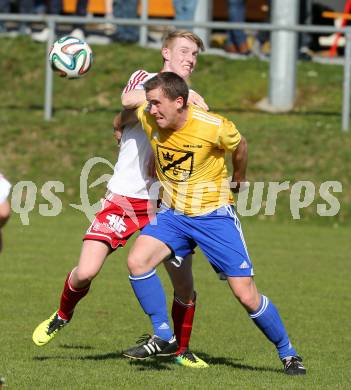 Fussball Unterliga Ost. Ludmannsdorf gegen St. Michael/Bleiburg. Martin Klemenjak (Ludmannsdorf),  Juergen Galo (St. Michael). Ludmannsdorf, am 30.3.2014.
Foto: Kuess
---
pressefotos, pressefotografie, kuess, qs, qspictures, sport, bild, bilder, bilddatenbank