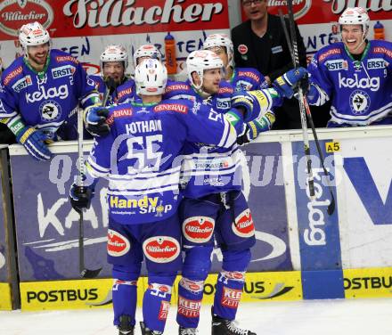 EBEL. Eishockey Bundesliga. EC VSV gegen HCB Suedtirol. Torjubel  Mario Altmann, Scott Hotham (VSV). Villach, am 30.3.2014.
Foto: Kuess 


---
pressefotos, pressefotografie, kuess, qs, qspictures, sport, bild, bilder, bilddatenbank