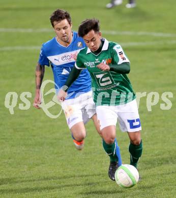 Fussball Regionalliga. VSV gegen Wallern. Michael Kirisits, (VSV), Eric Zachhuber  (Wallern). Villach, 4.4.2014.
Foto: Kuess
---
pressefotos, pressefotografie, kuess, qs, qspictures, sport, bild, bilder, bilddatenbank