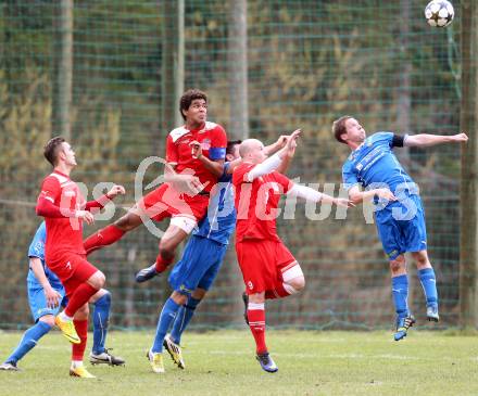 Fussball Unterliga Ost. DSG Sele Zell gegen KAC. Martin Kelih, (Zell), Toni Krijan, Brian Oiwoh, Daniel Barrazutti  (KAC). Zell Pfarre, am 6.4.2014.
Foto: Kuess
---
pressefotos, pressefotografie, kuess, qs, qspictures, sport, bild, bilder, bilddatenbank