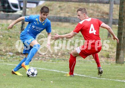 Fussball Unterliga Ost. DSG Sele Zell gegen KAC. Dejan Zadnikar, (Zell),  Mateo Grubor  (KAC). Zell Pfarre, am 6.4.2014.
Foto: Kuess
---
pressefotos, pressefotografie, kuess, qs, qspictures, sport, bild, bilder, bilddatenbank