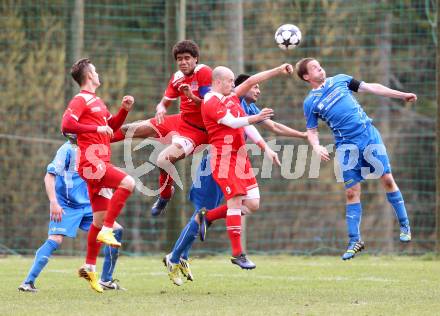 Fussball Unterliga Ost. DSG Sele Zell gegen KAC. Martin Kelih, Daniel Cumurdzic (Zell), Toni Krijan, Brian Oiwoh, Daniel Barrazutti  (KAC). Zell Pfarre, am 6.4.2014.
Foto: Kuess
---
pressefotos, pressefotografie, kuess, qs, qspictures, sport, bild, bilder, bilddatenbank