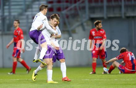 Fussball Regionalliga. SK Austria Klagenfurt gegen SAK. Torjubel Patrik Eler, Rajko Rep, Fabian Miesenboeck (Austria Klagenfurt). Klagenfurt, 11.4.2014.
Foto: Kuess
---
pressefotos, pressefotografie, kuess, qs, qspictures, sport, bild, bilder, bilddatenbank