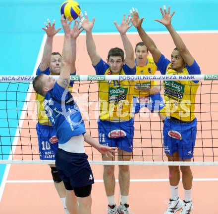 Volleyball Bundesliga. AVL Finalspiel. SK Aich/Dob gegen Hypo Tirol. Nejc Pusnik, Danijel Koncilja, Valdir De Sousa Sequeira,  (Aich), Janis Peda (Tirol). Bleiburg, 12.4.2014.
Foto: Kuess
---
pressefotos, pressefotografie, kuess, qs, qspictures, sport, bild, bilder, bilddatenbank