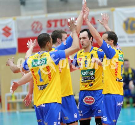 Volleyball Bundesliga. AVL Finalspiel. SK Aich/Dob gegen Hypo Tirol. Jubel  (Aich). Bleiburg, 12.4.2014.
Foto: Kuess
---
pressefotos, pressefotografie, kuess, qs, qspictures, sport, bild, bilder, bilddatenbank