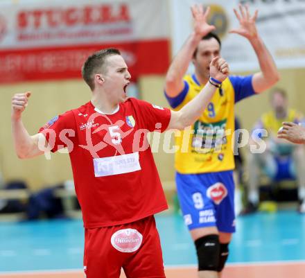 Volleyball Bundesliga. AVL Finalspiel. SK Aich/Dob gegen Hypo Tirol. Jubel Jani Kovacic (Aich). Bleiburg, 12.4.2014.
Foto: Kuess
---
pressefotos, pressefotografie, kuess, qs, qspictures, sport, bild, bilder, bilddatenbank