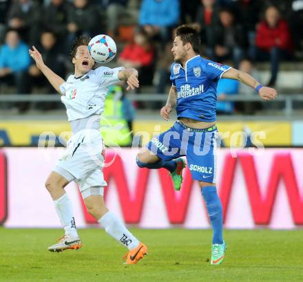 Fussball BUndesliga. RZ Pellets WAC gegen SV Scholz Groedig.  Dario Baldauf,  (WAC), Christoph Martschinko (Groedig). Wolfsberg, am 12.4.2014.
Foto: Kuess

---
pressefotos, pressefotografie, kuess, qs, qspictures, sport, bild, bilder, bilddatenbank