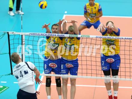 Volleyball Bundesliga. AVL Finalspiel. SK Aich/Dob gegen Hypo Tirol. Rok Satler	, Peter Wohlfahrtstaetter, Stanislaw Wawrzynczyk (Aich). Bleiburg, 19.4.2014.
Foto: Kuess 
---
pressefotos, pressefotografie, kuess, qs, qspictures, sport, bild, bilder, bilddatenbank