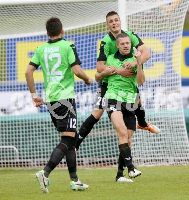 Fussball Regionalliga. RZ Pellets WAC gegen Pasching.  Torjubel Mark Prettenthaler, Duje Caleta-Car (Pasching). Wolfsberg, am 20.4.2014.
Foto: Kuess
---
pressefotos, pressefotografie, kuess, qs, qspictures, sport, bild, bilder, bilddatenbank