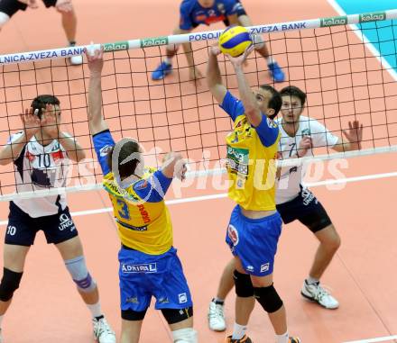 Volleyball Bundesliga. AVL Finalspiel. SK Aich/Dob gegen Hypo Tirol. Hruska Michal, Rok Satler, (Aich). Bleiburg, 19.4.2014.
Foto: Kuess 
---
pressefotos, pressefotografie, kuess, qs, qspictures, sport, bild, bilder, bilddatenbank