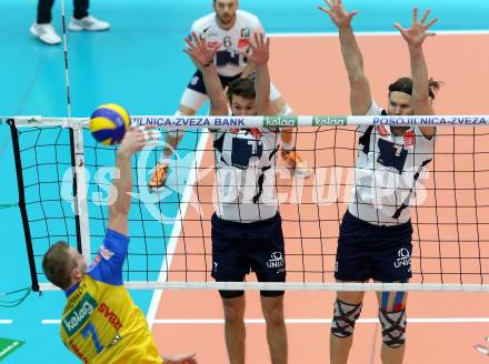 Volleyball Bundesliga. AVL Finalspiel. SK Aich/Dob gegen Hypo Tirol. Lorenz Koraimann, Michal Rak (Tirol). Bleiburg, 19.4.2014.
Foto: Kuess 
---
pressefotos, pressefotografie, kuess, qs, qspictures, sport, bild, bilder, bilddatenbank