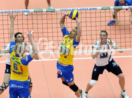 Volleyball Bundesliga. AVL Finalspiel. SK Aich/Dob gegen Hypo Tirol. Rok Satler	, Peter Wohlfahrtstaetter (Aich). Bleiburg, 19.4.2014.
Foto: Kuess 
---
pressefotos, pressefotografie, kuess, qs, qspictures, sport, bild, bilder, bilddatenbank