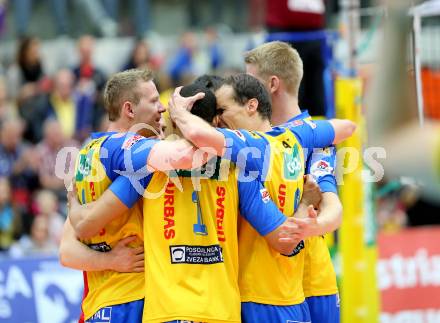 Volleyball Bundesliga. AVL Finalspiel. SK Aich/Dob gegen Hypo Tirol. Jubel (Aich). Bleiburg, 19.4.2014.
Foto: Kuess 
---
pressefotos, pressefotografie, kuess, qs, qspictures, sport, bild, bilder, bilddatenbank