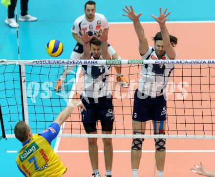 Volleyball Bundesliga. AVL Finalspiel. SK Aich/Dob gegen Hypo Tirol. Lorenz Koraimann, Michal Rak (Tirol). Bleiburg, 19.4.2014.
Foto: Kuess 
---
pressefotos, pressefotografie, kuess, qs, qspictures, sport, bild, bilder, bilddatenbank