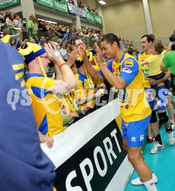 Volleyball Bundesliga. AVL Finalspiel. SK Aich/Dob gegen Hypo Tirol. Jubel    De Sousa Sequeira Valdir (Aich). Bleiburg, 19.4.2014.
Foto: Kuess 
---
pressefotos, pressefotografie, kuess, qs, qspictures, sport, bild, bilder, bilddatenbank