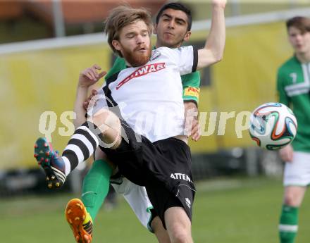 Fussball. Unterliga Ost. Kuehnsdorf gegen St. Stefan. Helmut Schwab (Kuehnsdorf), Parsa Djawadiraad (St. Stefan). Kuehnsdorf, 26. 4.2014.
Foto: Kuess
---
pressefotos, pressefotografie, kuess, qs, qspictures, sport, bild, bilder, bilddatenbank